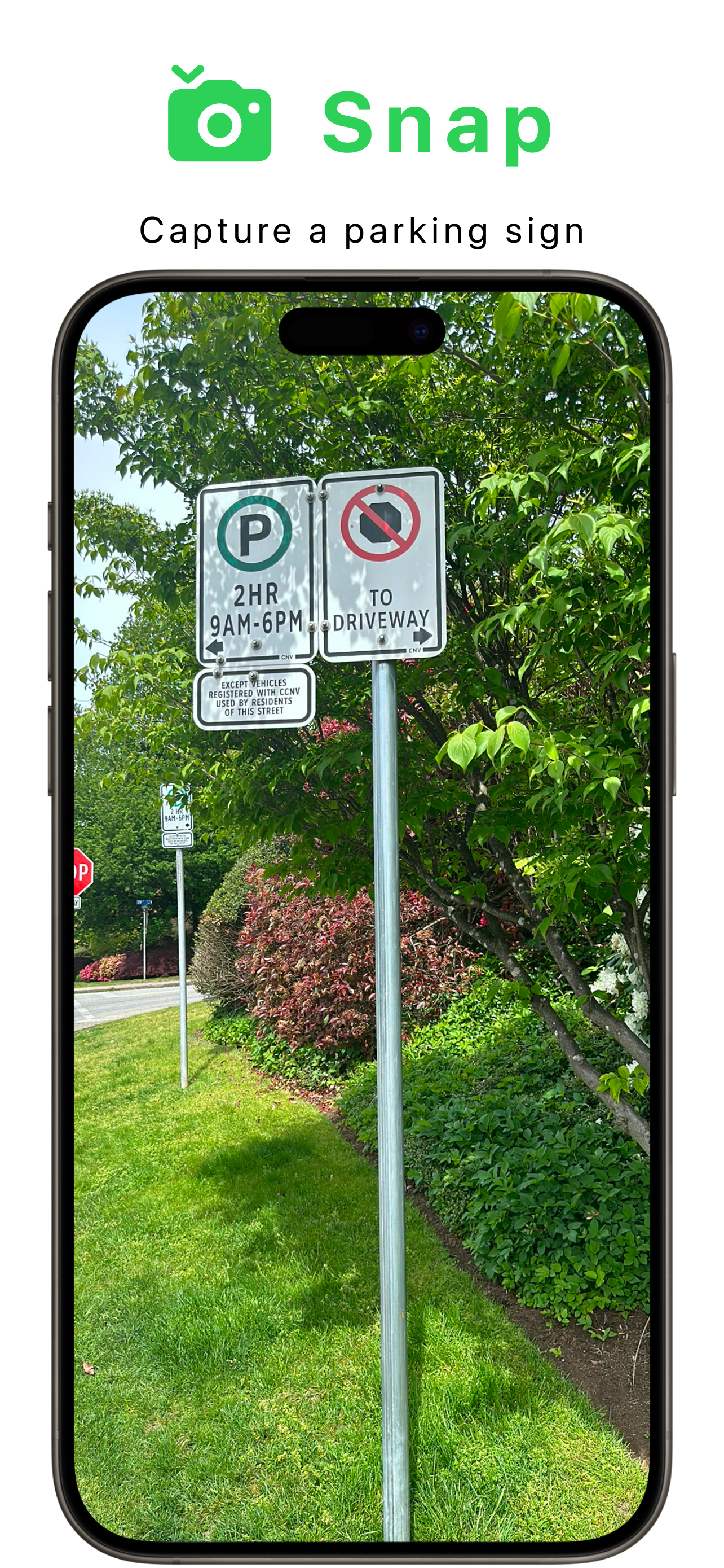 Park Here app screenshot showing parking sign camera interface